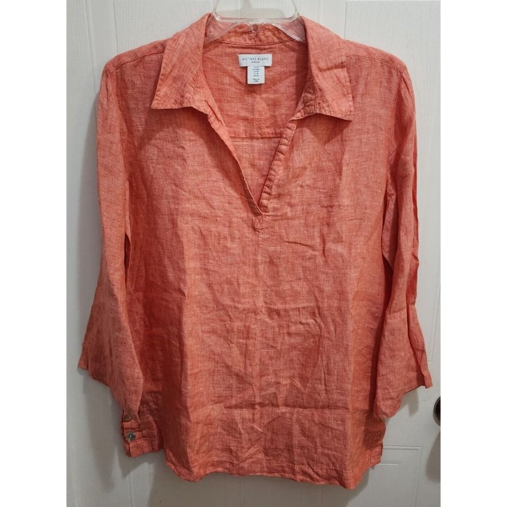 Antibes Blanc Womens V-Neck Long Sleeve Popover Tunic Top 100% Linen Salmon Sz M
